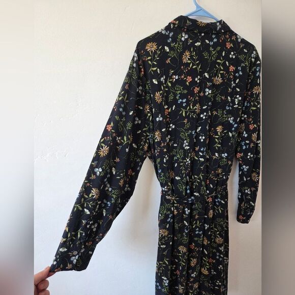 J.Jill Plus Size 3X Floral Shirt Dress Blouson Navy Blue Midi Pockets Waist Tie - Picture 9 of 9